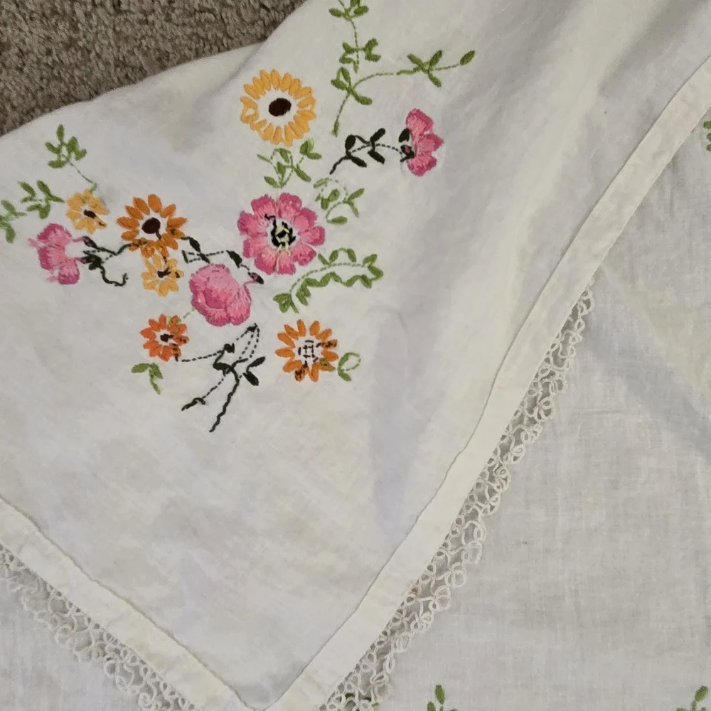 Embroidered Floral Linen Panel - Pink & Yellow Blossoms